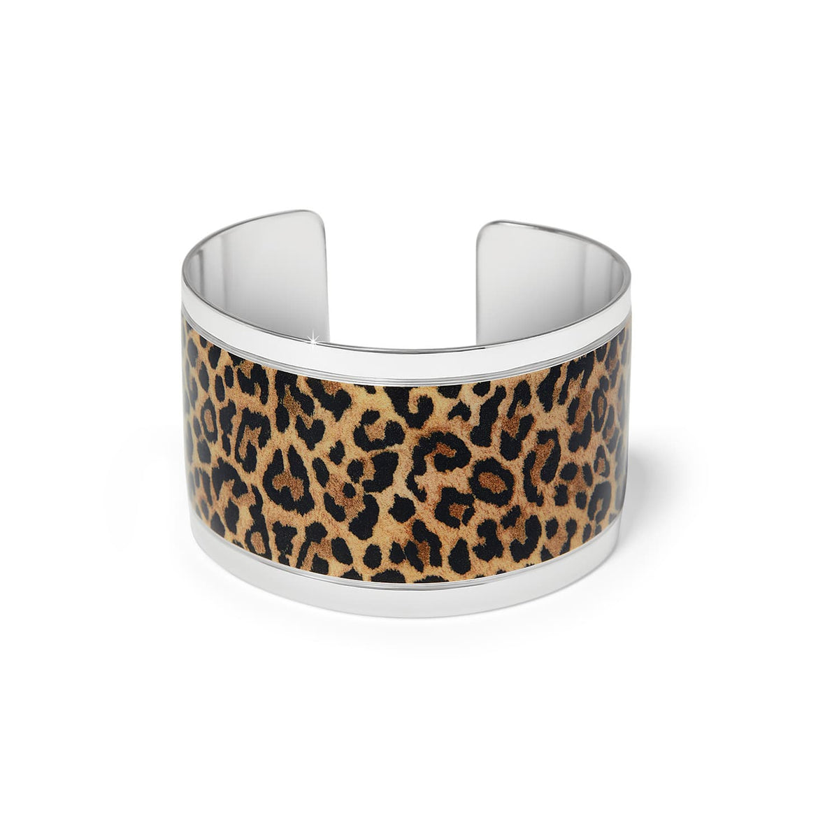 Brighton cuff bracelet with leopard print enamel center and silver-plated borders on a white background