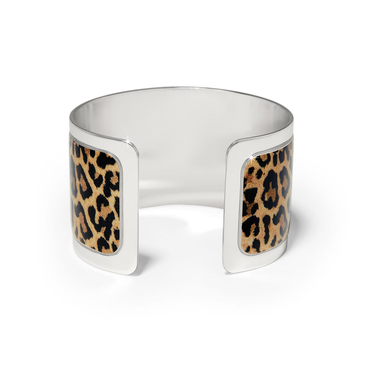 Brighton cuff bracelet with silver-plated finish and leopard print enamel panels on a white background