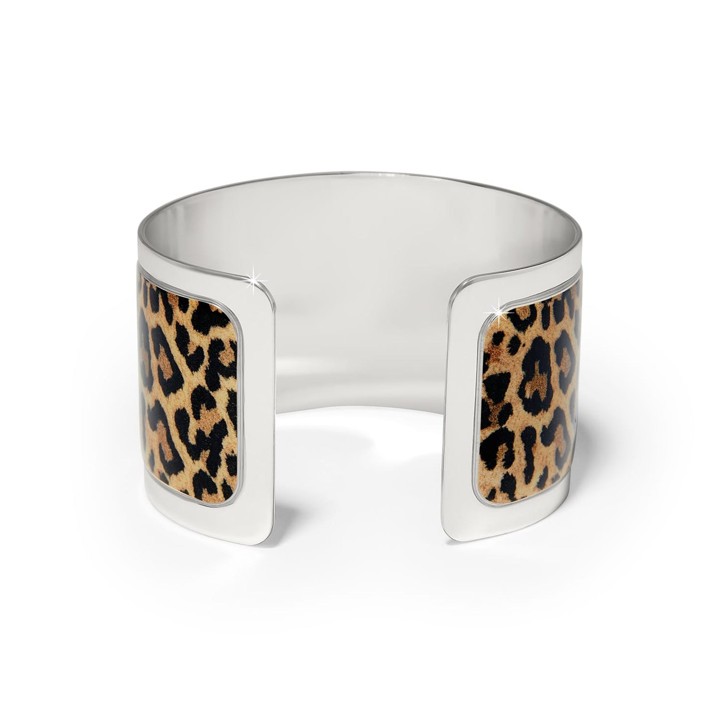 Brighton cuff bracelet with silver-plated finish and leopard print enamel panels on a white background