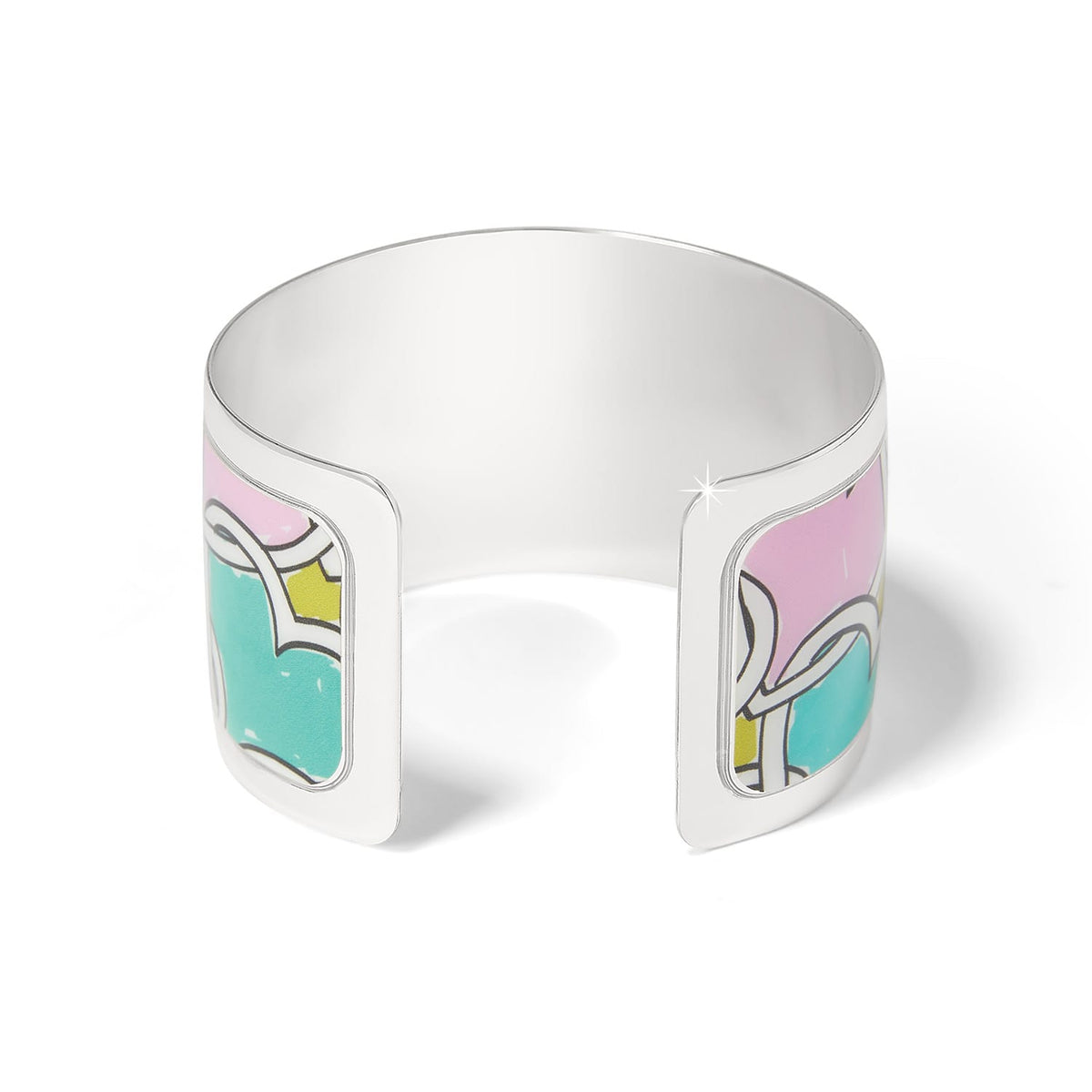 Brighton silver-plated cuff bracelet with pink, teal, and yellow enamel print panels on a white background