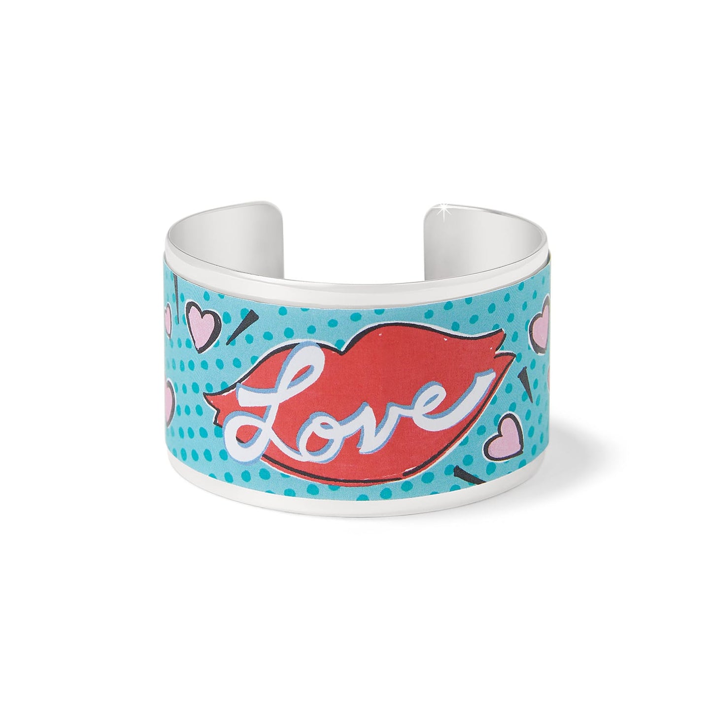 Brighton silver-plated cuff bracelet with turquoise enamel, red lips graphic, Love script, and pink hearts on a white background