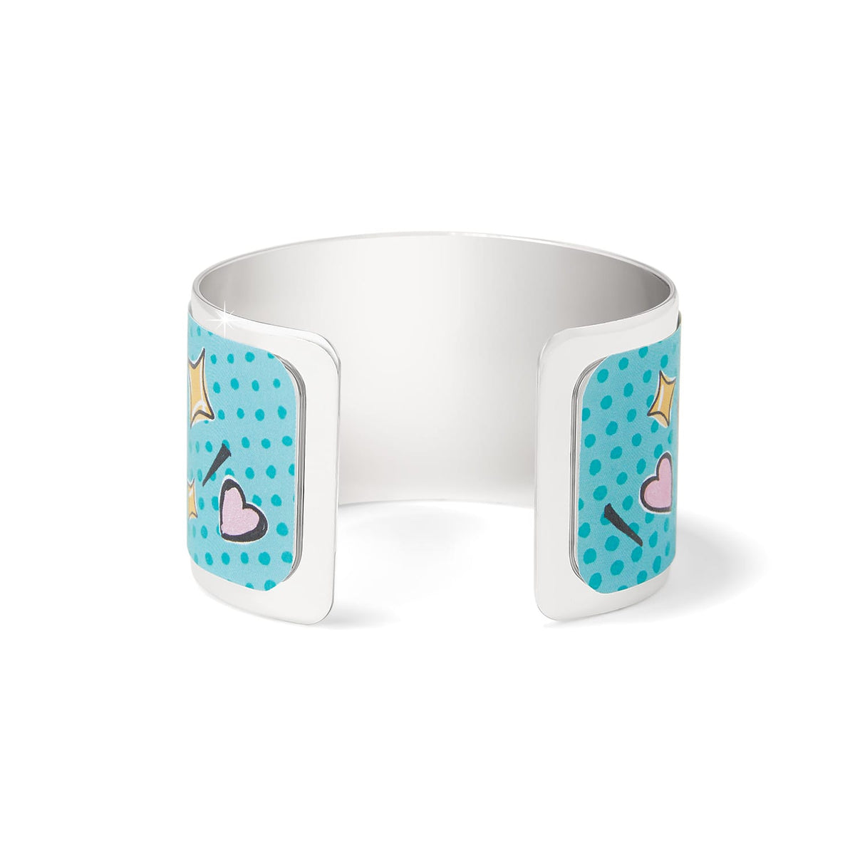 Brighton silver-plated cuff bracelet with turquoise enamel panels featuring stars and pink hearts on a white background