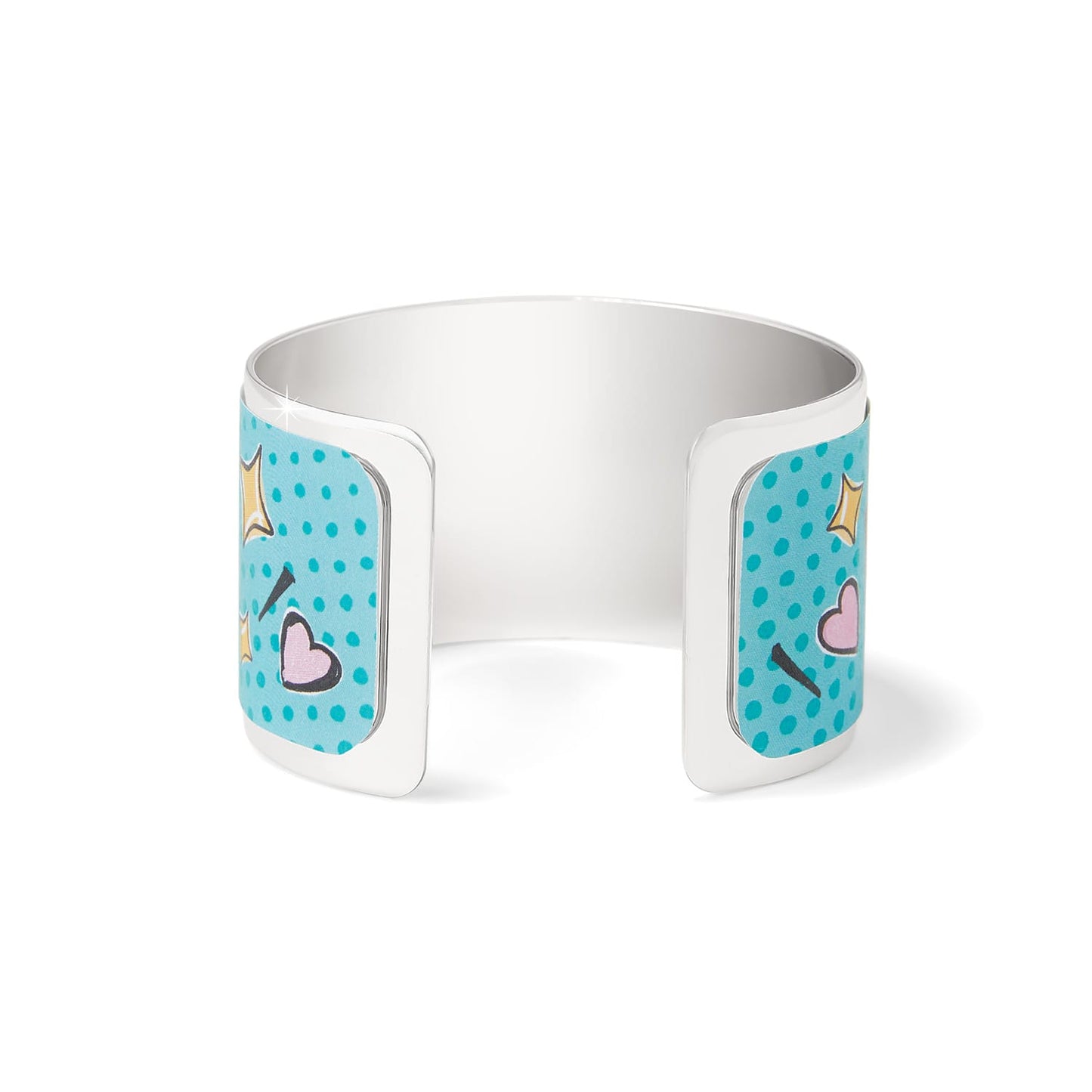 Brighton silver-plated cuff bracelet with turquoise enamel panels featuring stars and pink hearts on a white background