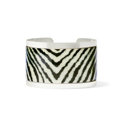 Brighton cuff bracelet with black and white zebra print inlay and silver-plated finish on a white background