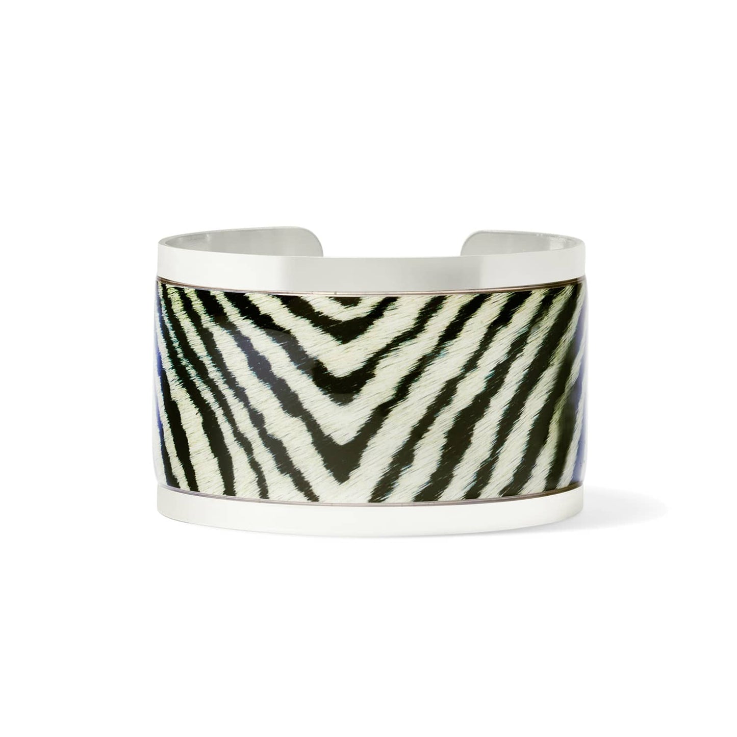 Brighton cuff bracelet with black and white zebra print inlay and silver-plated finish on a white background