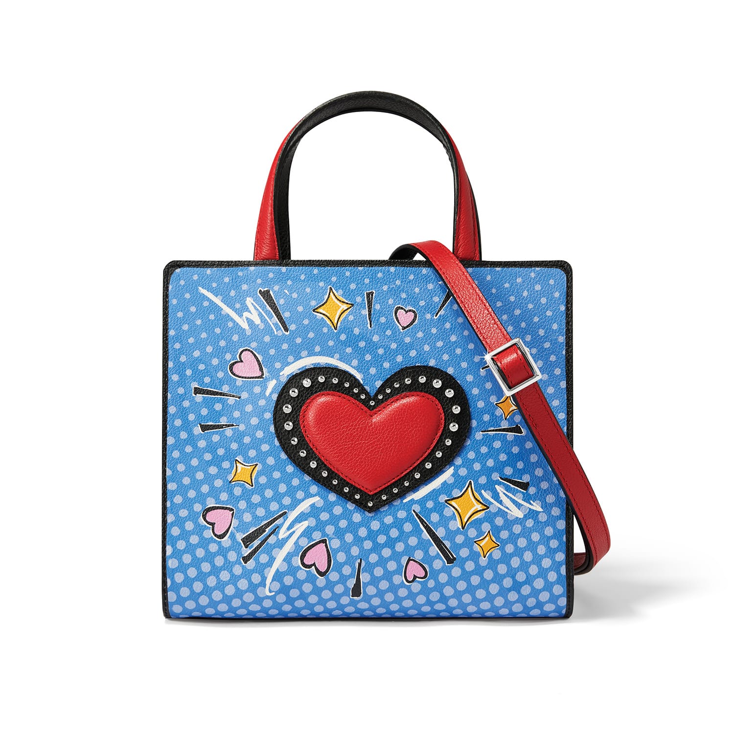 Brighton handbag with blue pop-art print, red heart applique, red handle, and adjustable strap on a white background