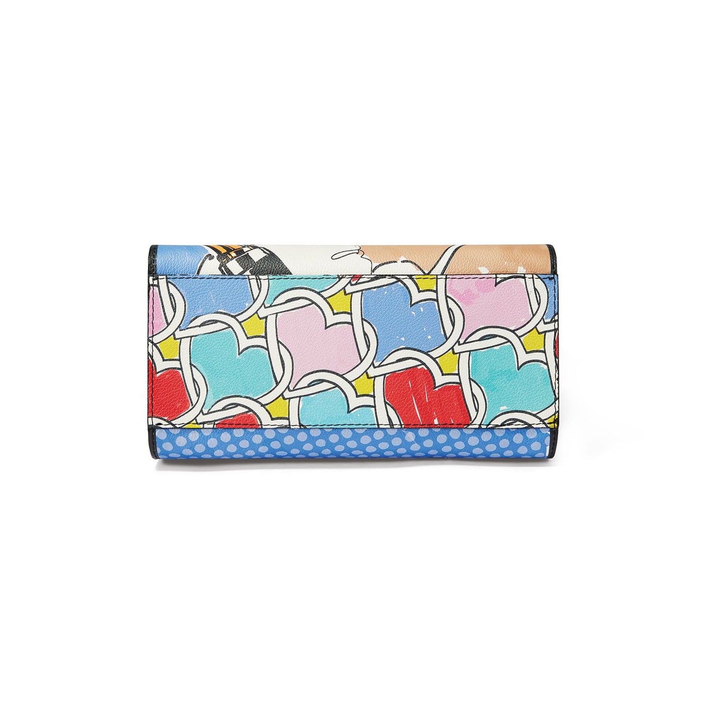 Brighton wallet shown from the back with comic-style heart print and blue polka dot trim on a white background