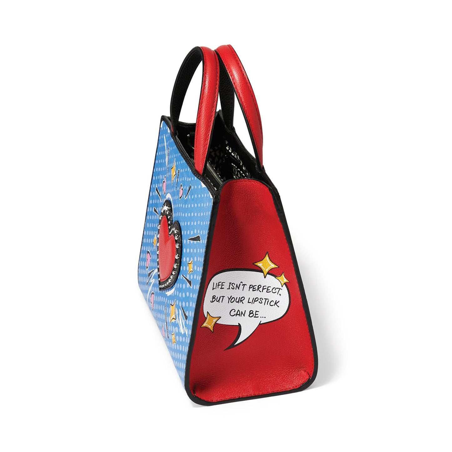 Brighton handbag side view in red with comic-style speech bubble print and red top handles on a white background