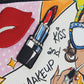 Close-up of Brighton pop-art print pouch with red lips applique, lipstick motif, studs, and Kiss and Makeup text