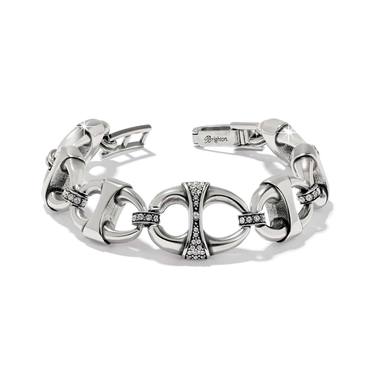 Brighton silver-plated link bracelet with crystal accents and bit-style oval links on a white background