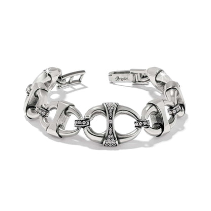 Brighton silver-plated link bracelet with crystal accents and bit-style oval links on a white background