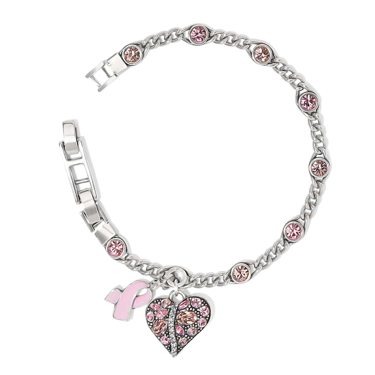 Brighton silver-plated charm bracelet with pink crystals, enamel ribbon charm, and crystal heart charm on a white background