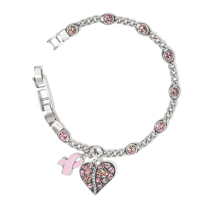 Brighton silver-plated charm bracelet with pink crystals, enamel ribbon charm, and crystal heart charm on a white background