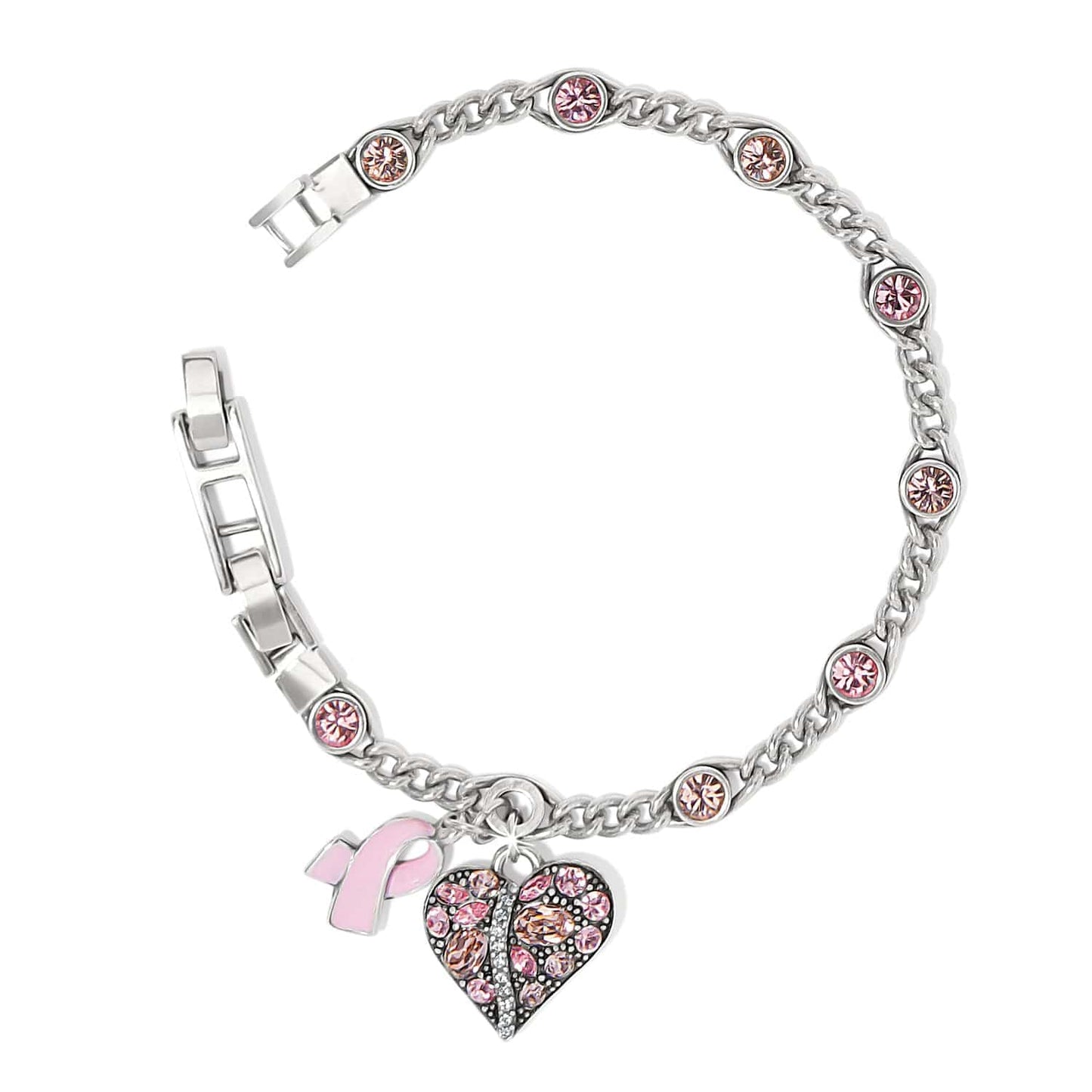 Brighton silver-plated charm bracelet with pink crystals, enamel ribbon charm, and crystal heart charm on a white background