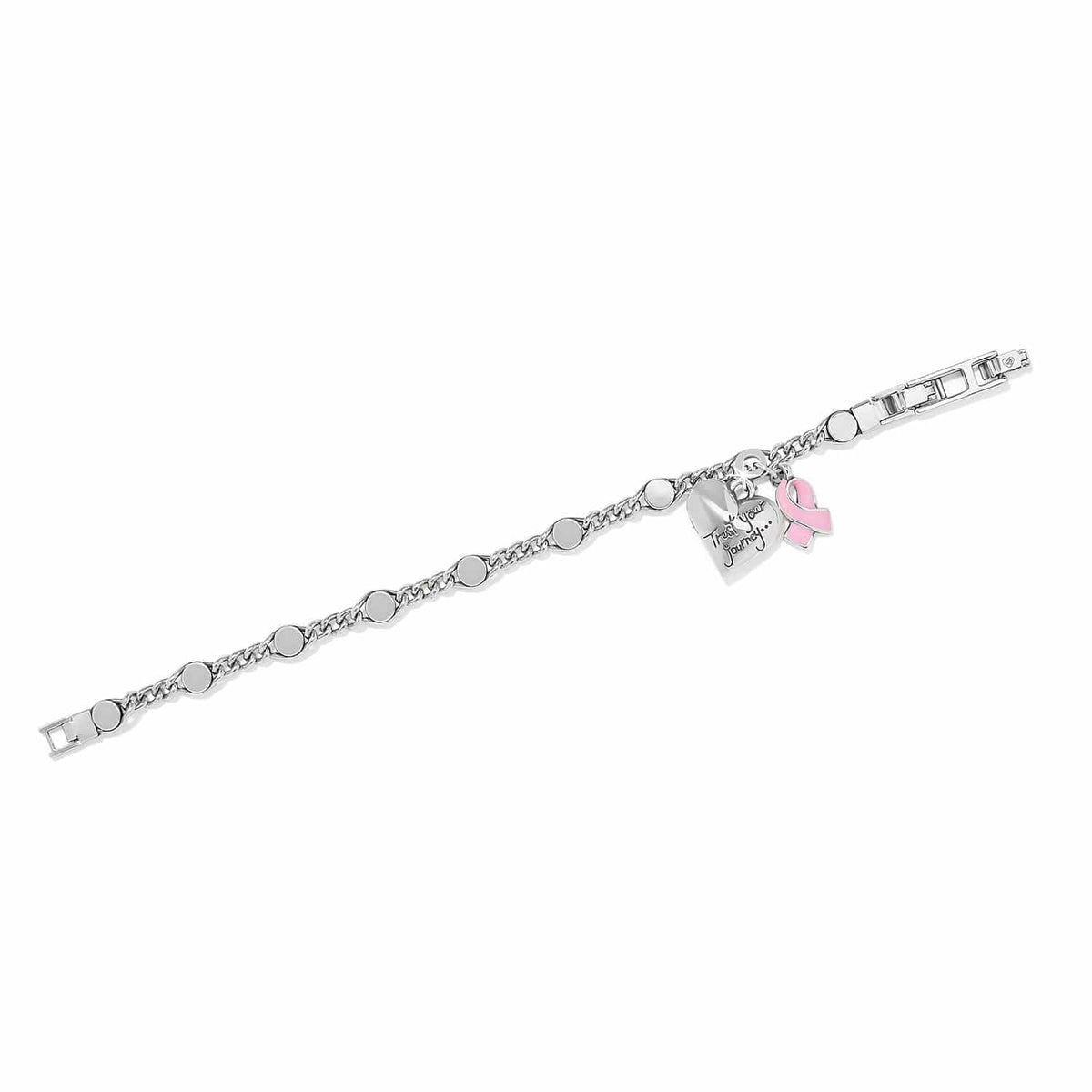 Brighton charm bracelet with silver-plated links, engraved heart charm, and pink enamel ribbon on a white background
