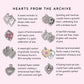 Brighton silver-plated heart charms styled with enamel and crystal accents in a grid layout on pink background
