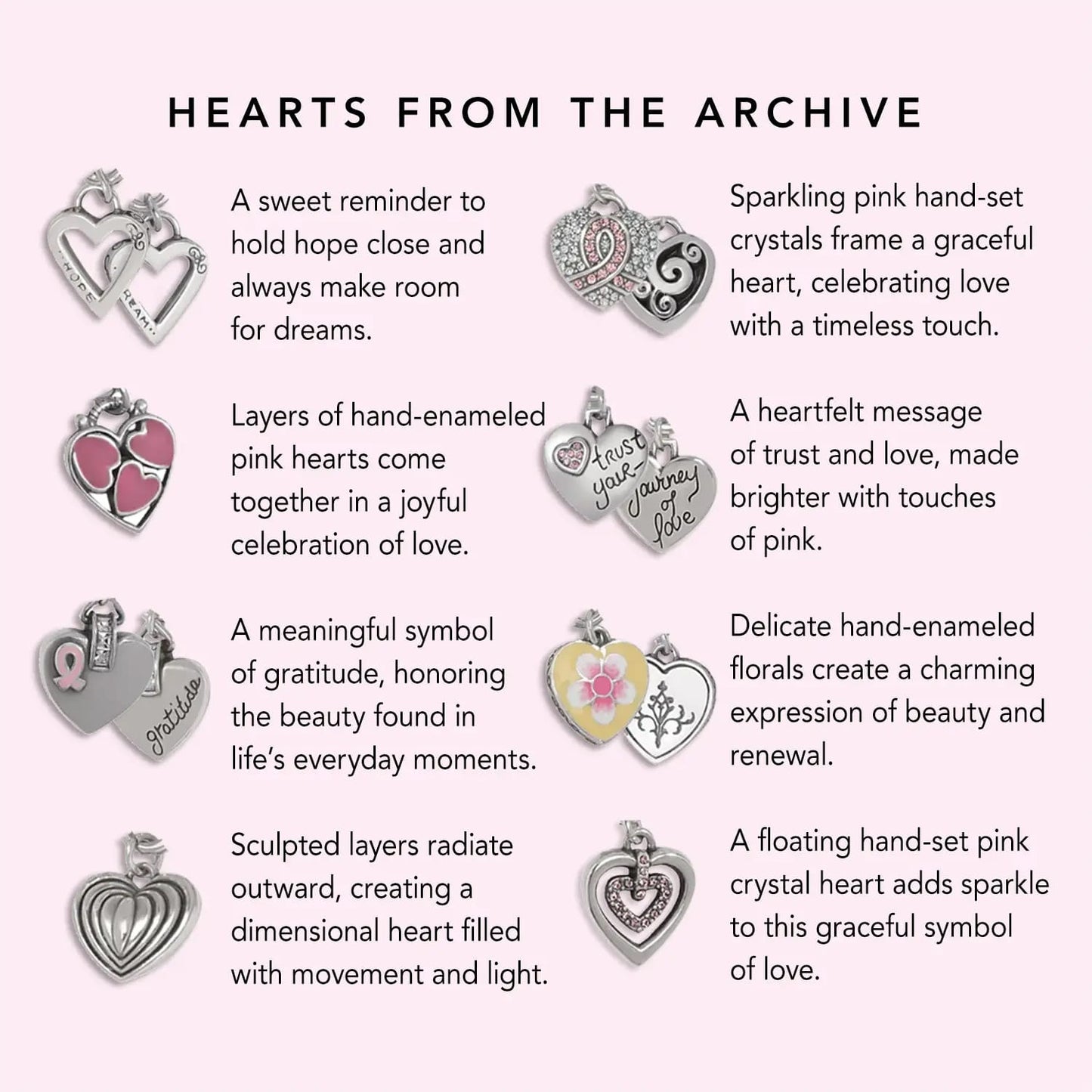 Brighton silver-plated heart charms styled with enamel and crystal accents in a grid layout on pink background