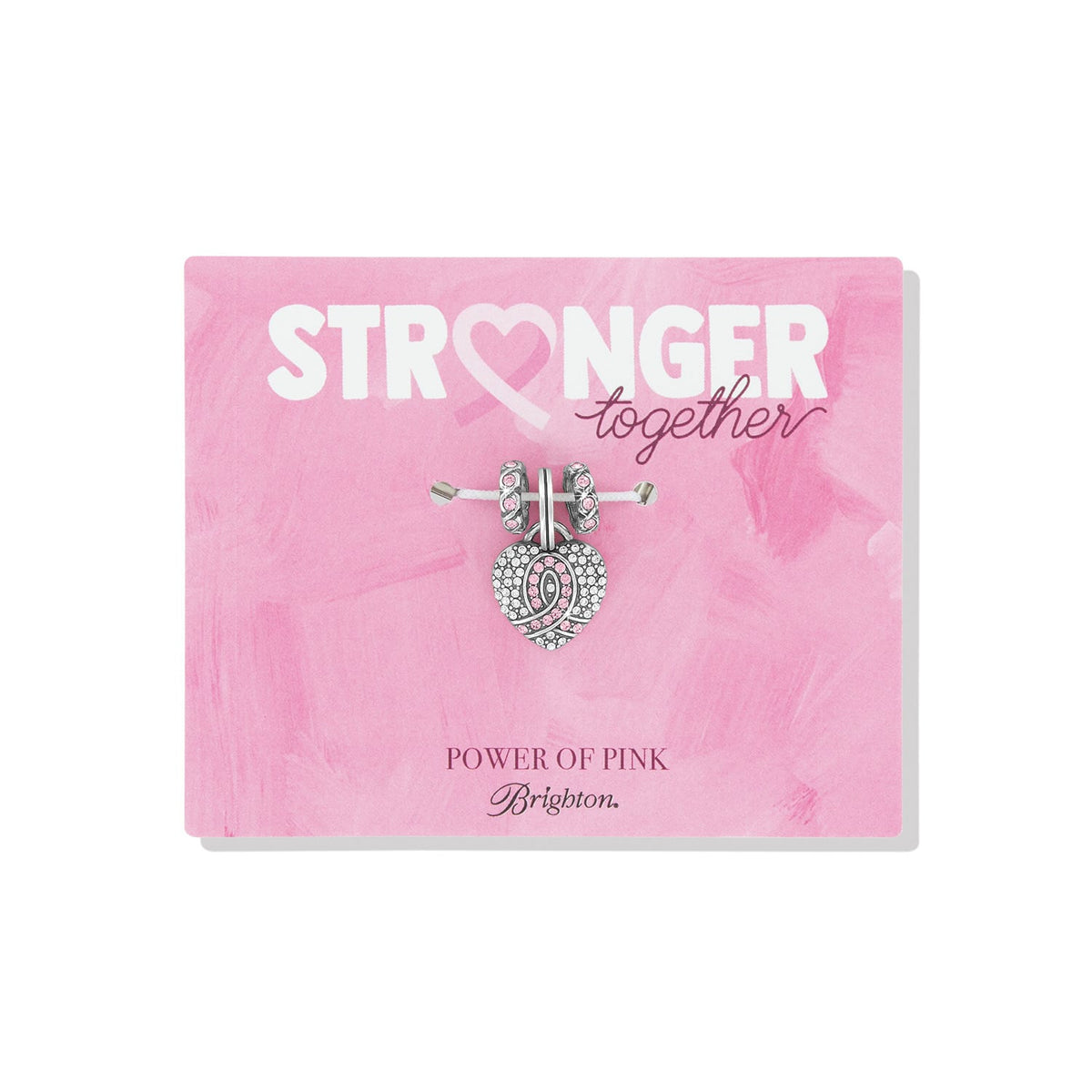 Brighton silver-plated heart charm with pink and clear crystals on Stronger Together Power of Pink card