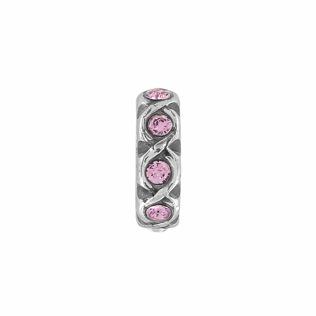 Brighton silver-plated charm bead with pink crystals and woven infinity pattern detailing on a white background