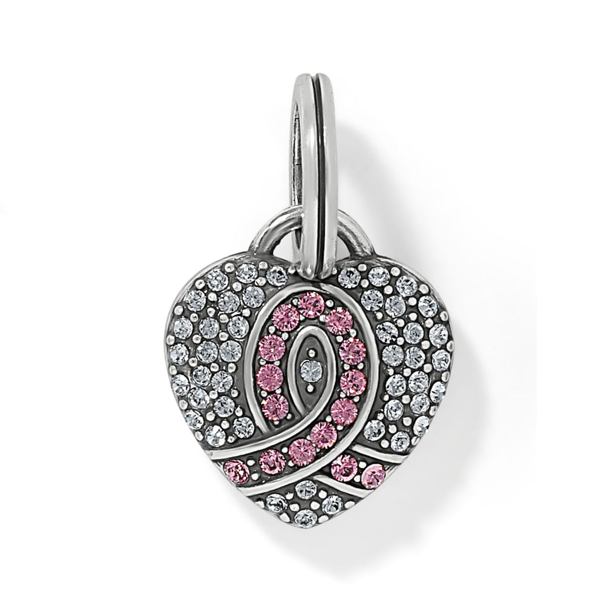 Brighton heart charm with pink and clear crystals and silver-plated finish on a white background