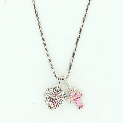 Power Of Pink Heart Cross Charm Necklace
