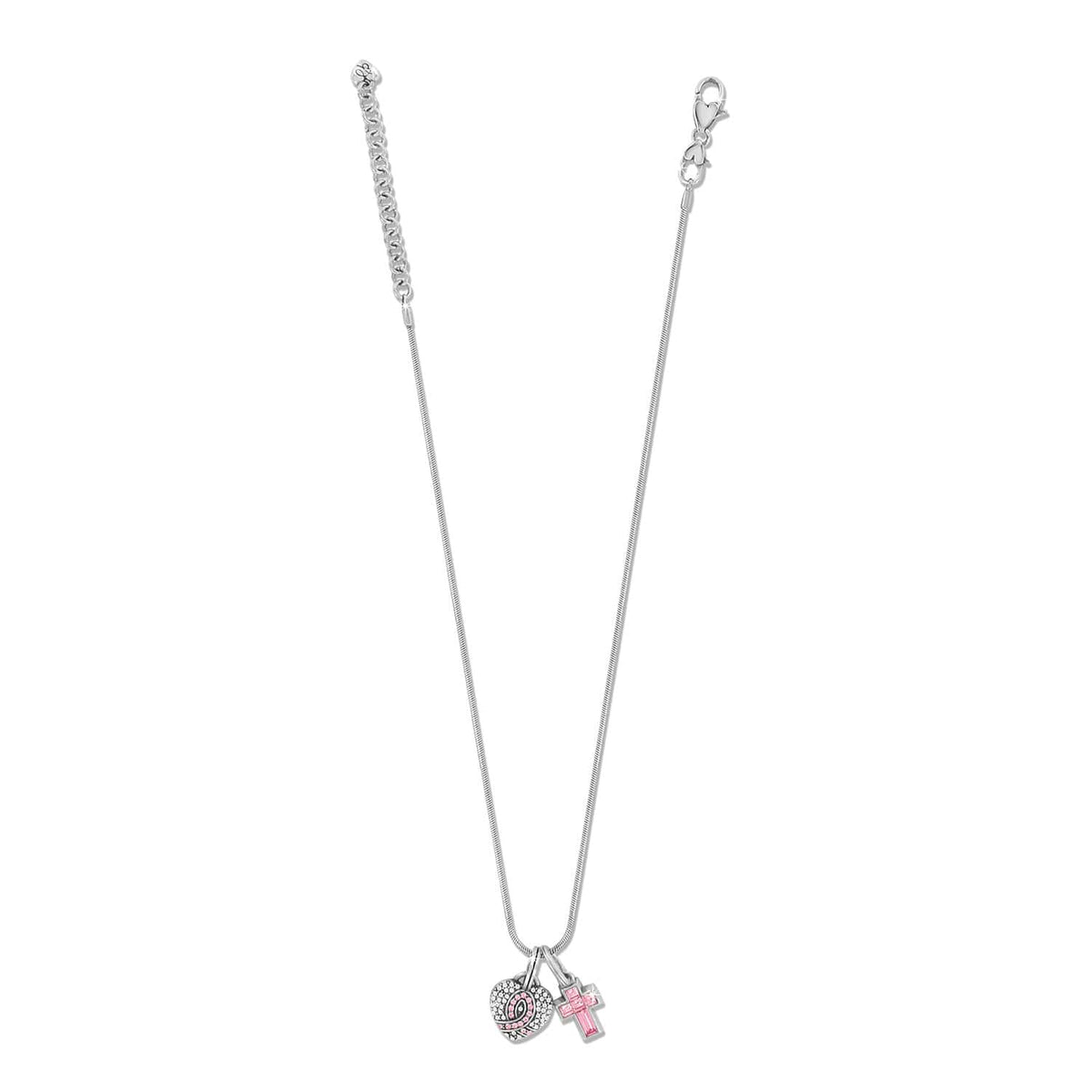 Brighton silver-plated charm necklace with crystal pavé heart and pink crystal cross pendants on a white background