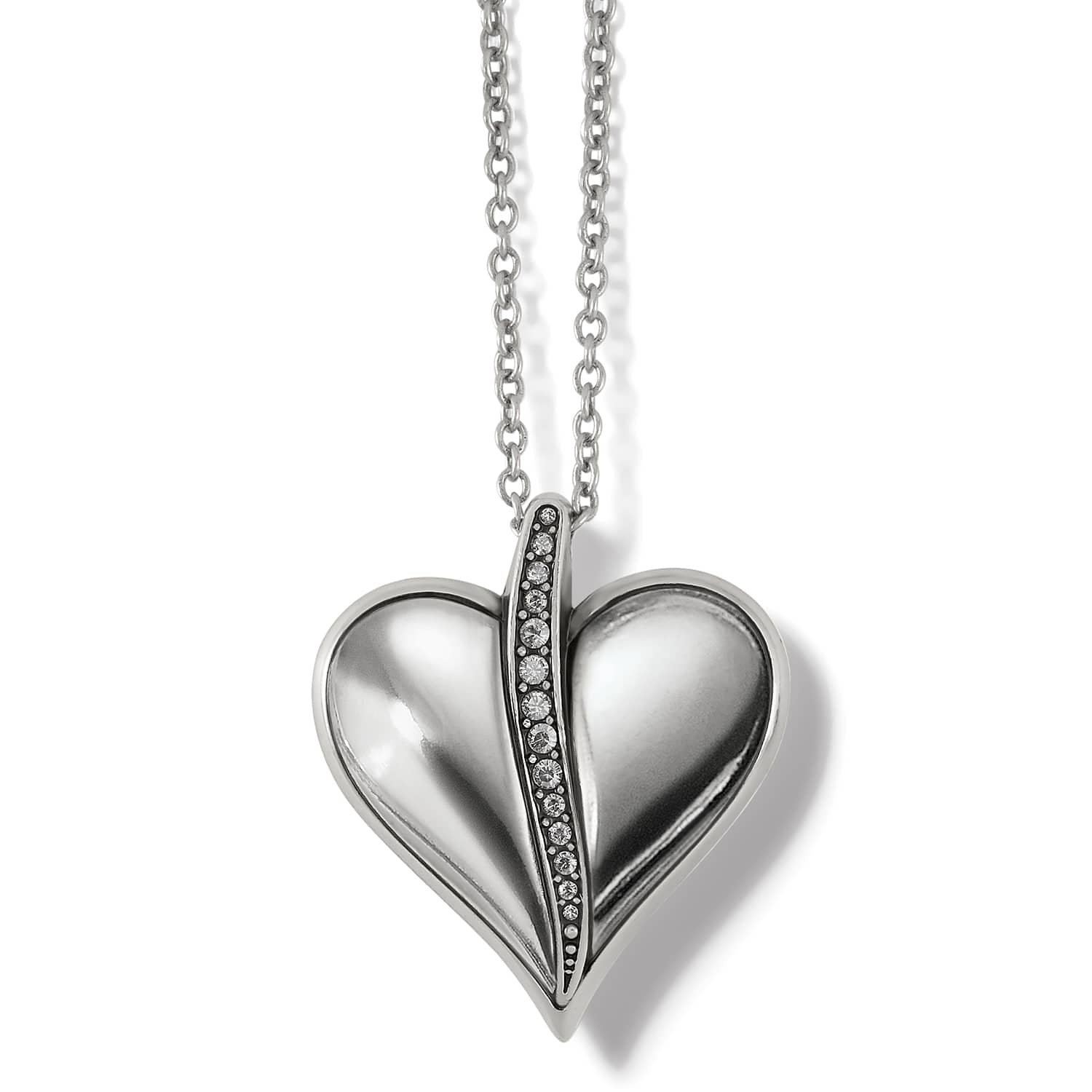 Brighton pendant necklace with silver-plated heart and central row of crystals on a white background
