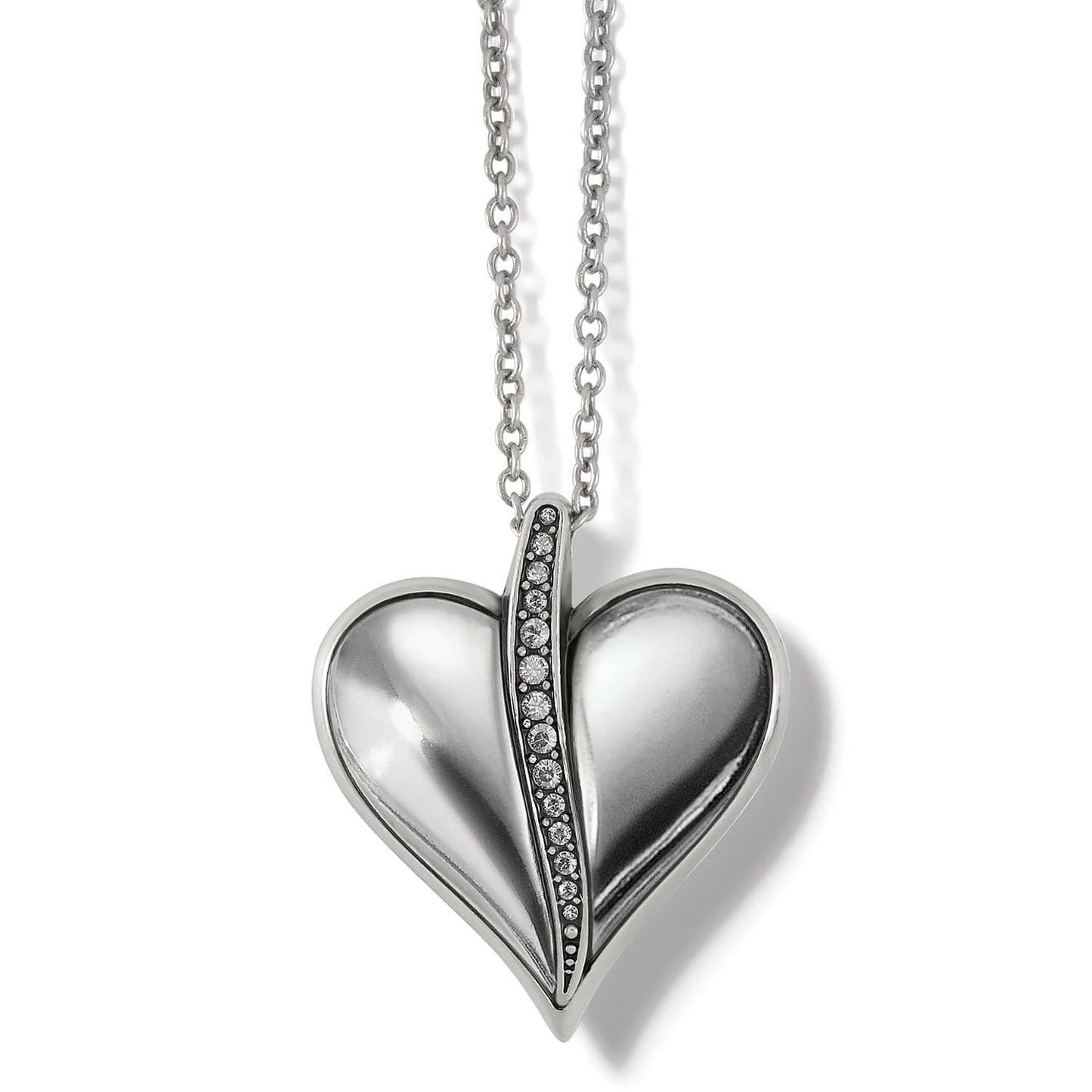 Brighton pendant necklace with silver-plated heart and central row of crystals on a white background