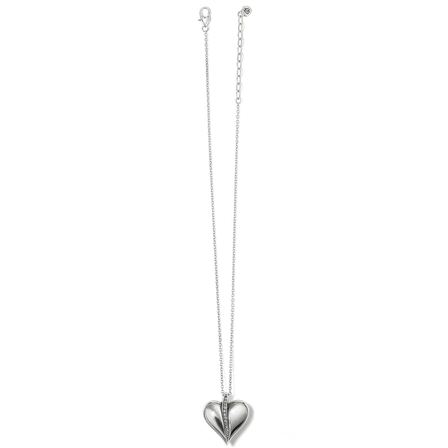 Brighton silver-plated heart pendant necklace with crystal accents along center and lobster clasp on a white background