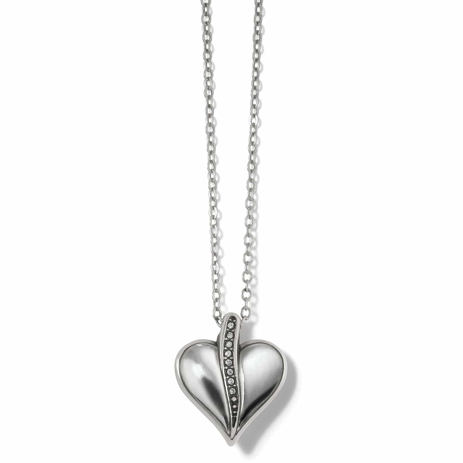 Brighton pendant necklace with silver-plated heart and crystal accents along the center on a white background