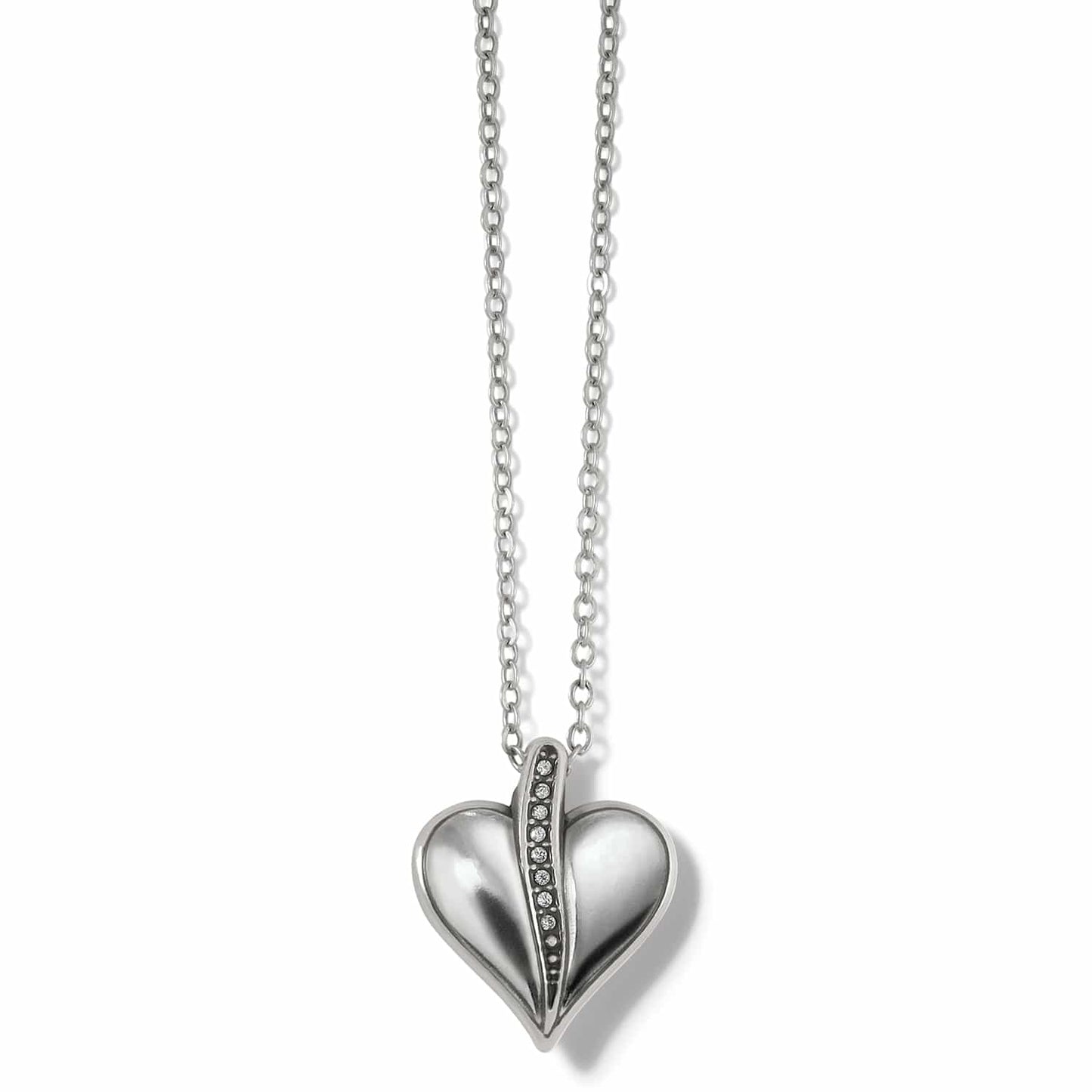 Brighton pendant necklace with silver-plated heart and crystal accents along the center on a white background