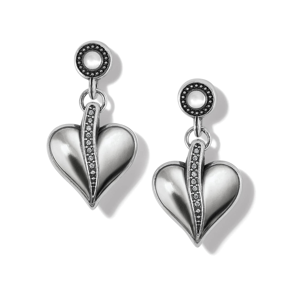 Brighton drop earrings with silver-plated heart pendants and vertical crystal accents on a white background