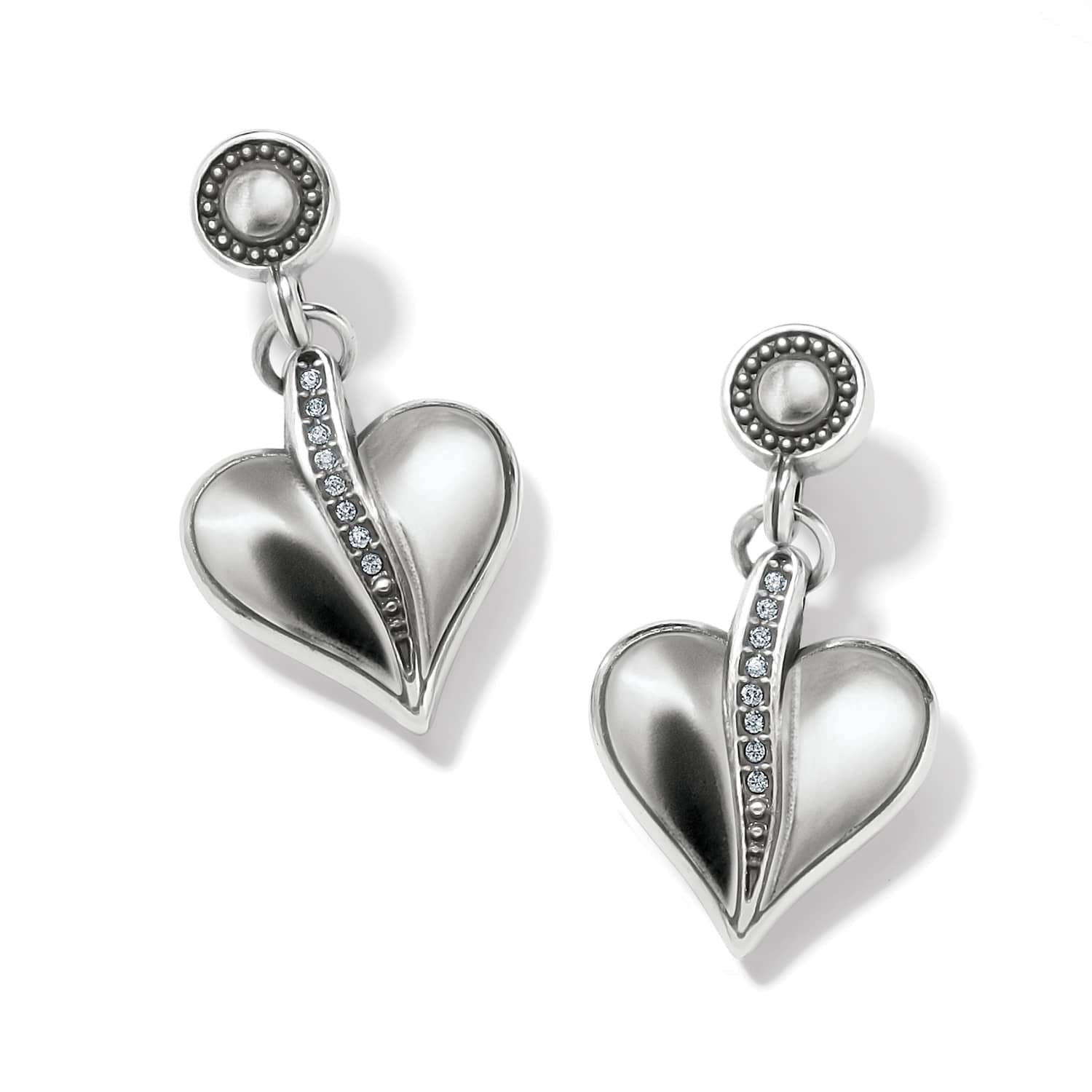 Brighton drop earrings with silver-plated hearts, crystal accents, and beaded round posts on a white background