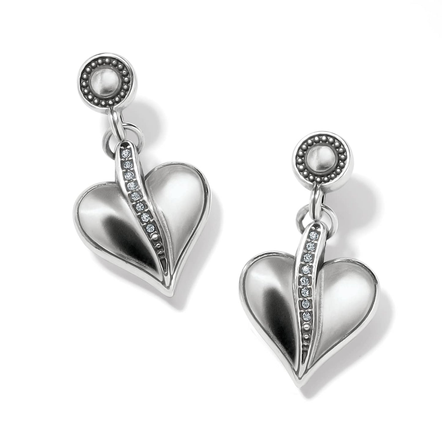 Brighton drop earrings with silver-plated hearts, crystal accents, and beaded round posts on a white background