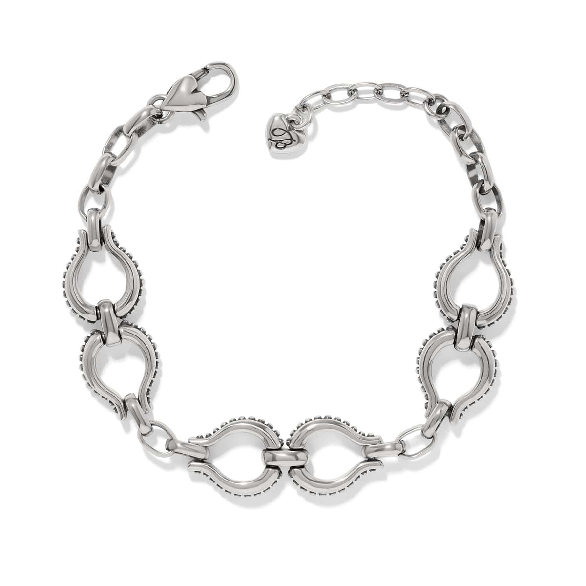 Brighton link bracelet with silver-plated horseshoe-shaped loops, lobster clasp, and heart charm on a white background