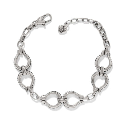 Brighton link bracelet with silver-plated horseshoe-shaped loops, lobster clasp, and heart charm on a white background