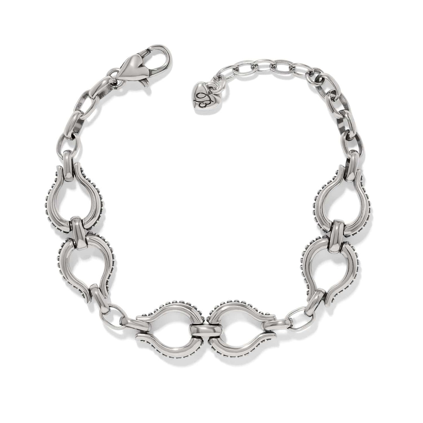 Brighton link bracelet with silver-plated horseshoe-shaped loops, lobster clasp, and heart charm on a white background