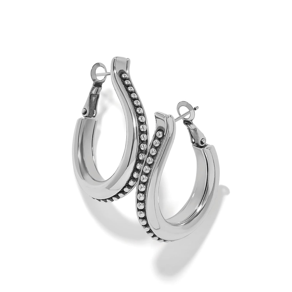 Brighton hoop earrings with silver-plated finish and beaded inner edge detail on a white background