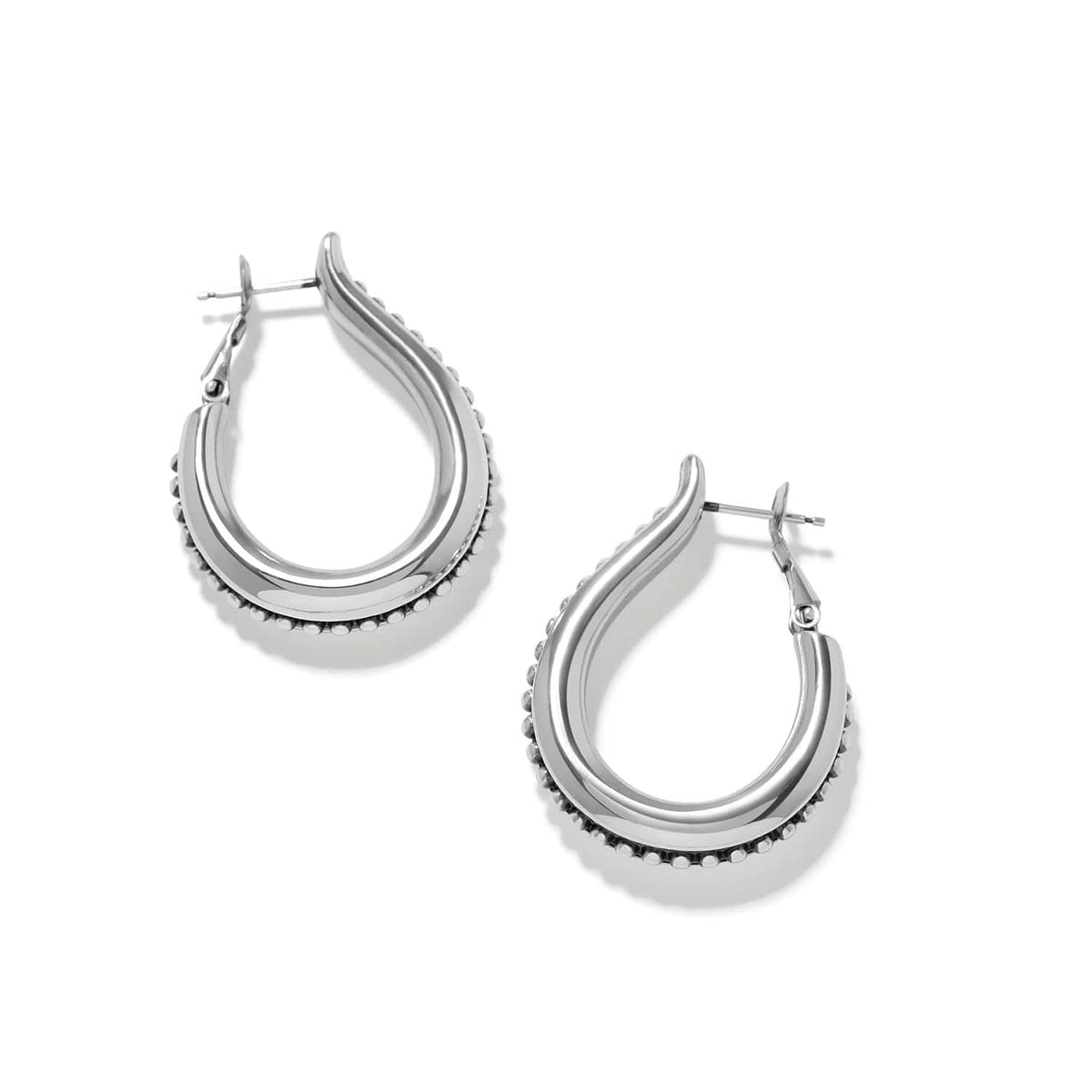 Brighton hoop earrings with silver-plated teardrop shape and beaded edge detail on a white background