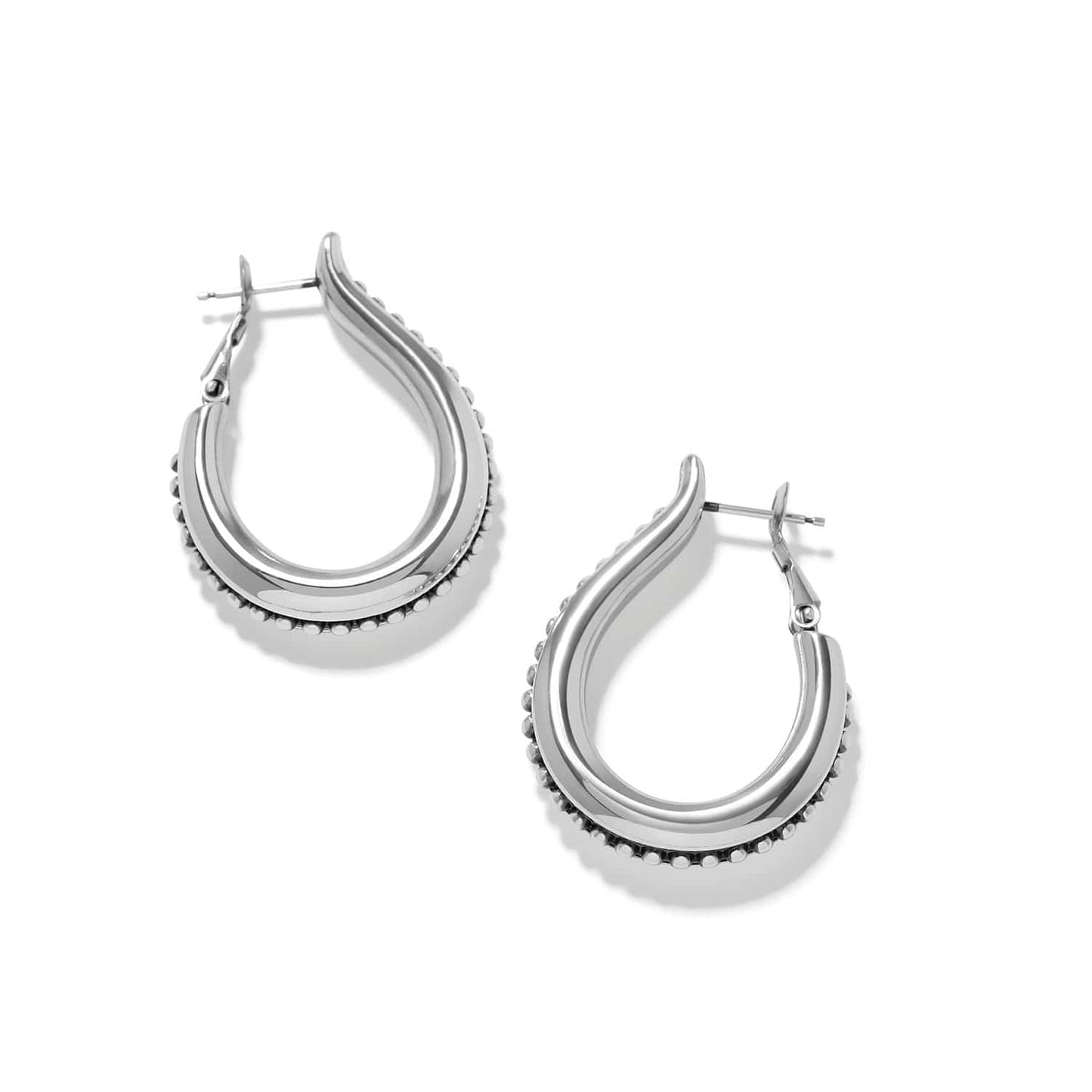 Brighton hoop earrings with silver-plated teardrop shape and beaded edge detail on a white background