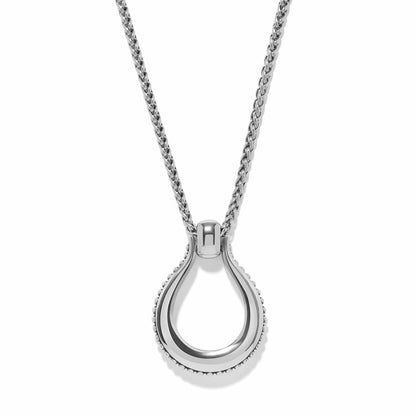 Brighton pendant necklace with silver-plated teardrop-shaped ring and beaded edge detail on wheat chain on a white background