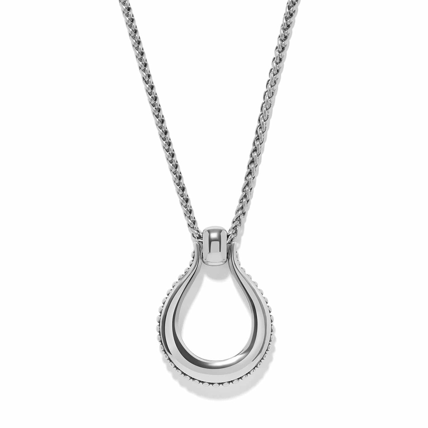 Brighton pendant necklace with silver-plated teardrop-shaped ring and beaded edge detail on wheat chain on a white background