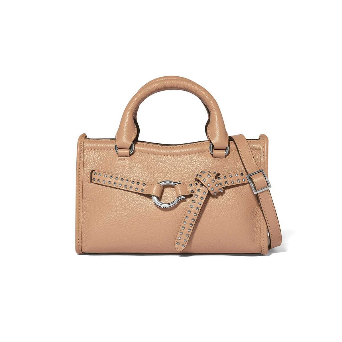 Brighton tan pebbled leather handbag with studded belt detail, silver-tone buckle, and adjustable crossbody strap on a white background