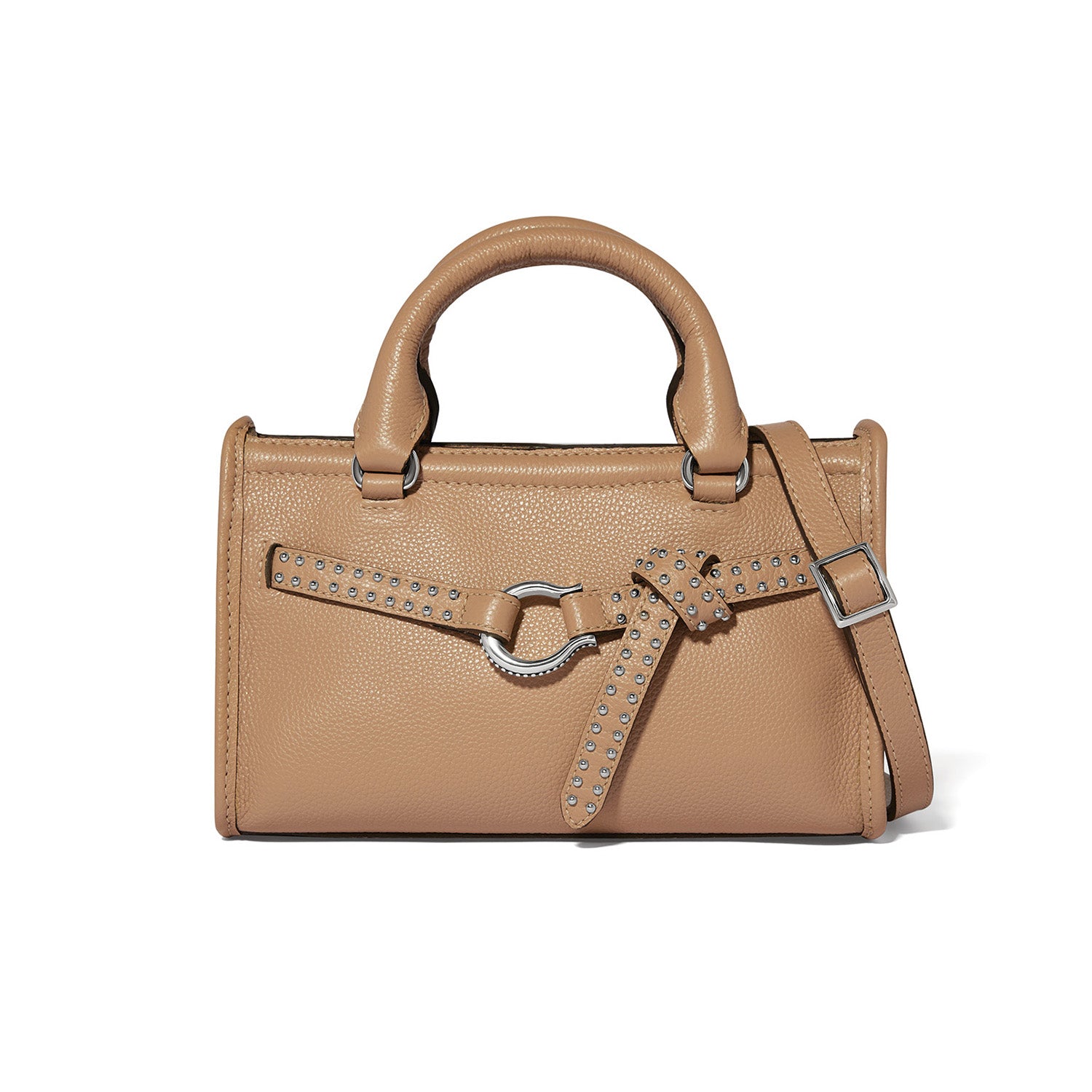 Brighton handbag in tan pebbled leather with studded belt detail, silver-tone hardware, and rolled handles on a white background