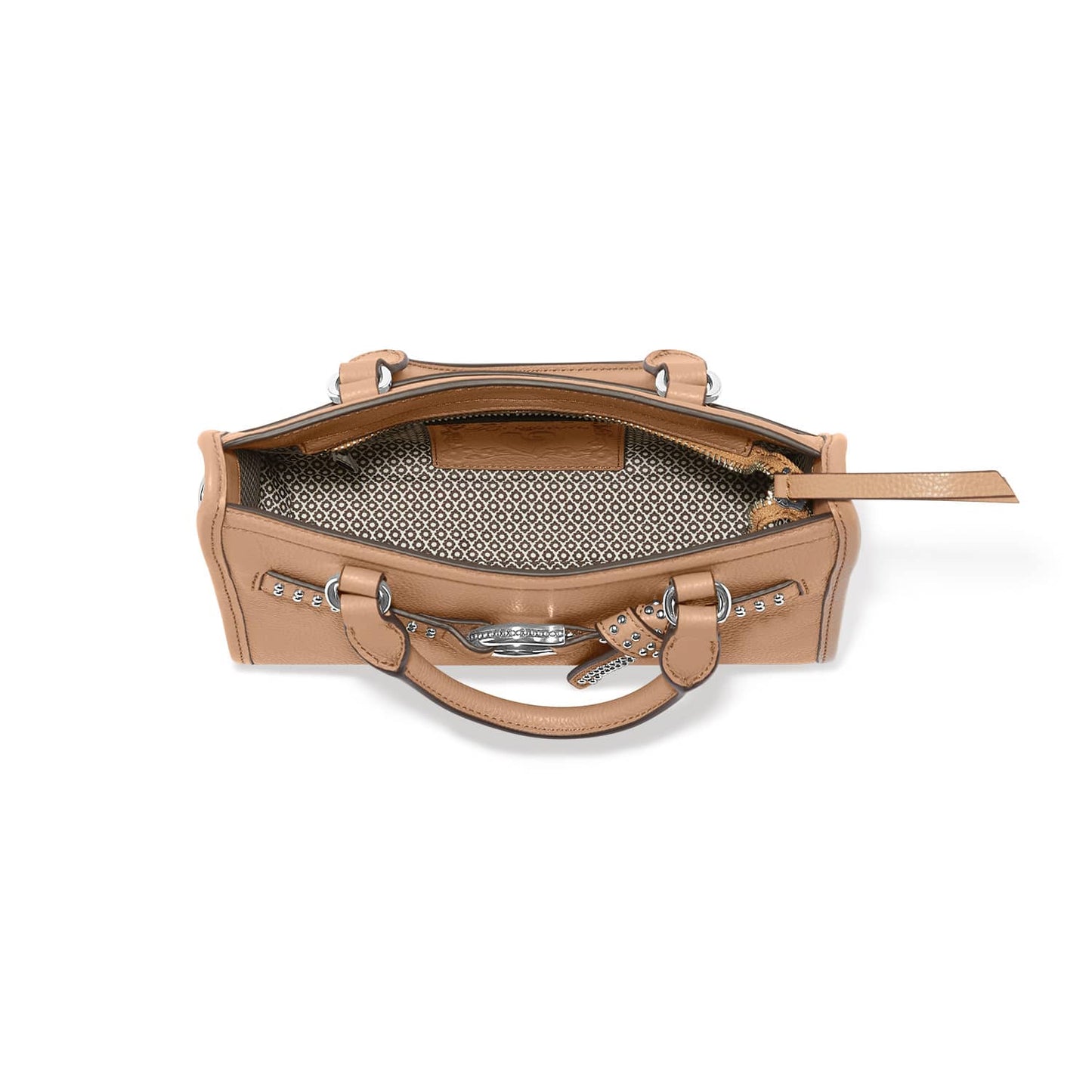 Brighton tan leather handbag shown open with patterned fabric interior, silver-tone studs, and rolled handle on a white background