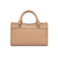 Brighton handbag shown from the back in tan pebbled leather with dual rounded top handles on a white background