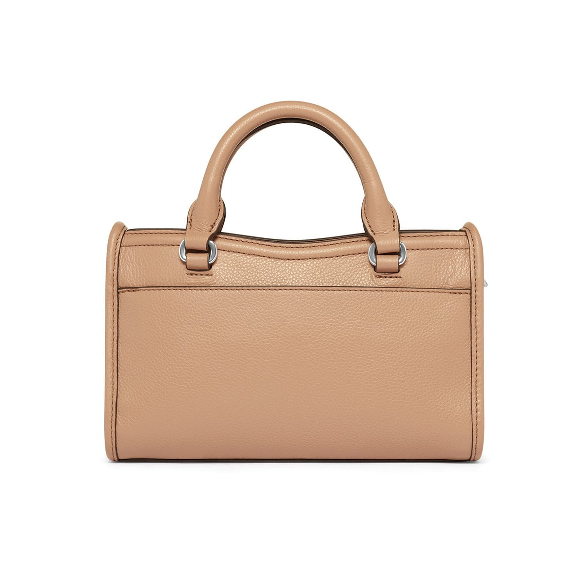 Brighton handbag shown from the back in tan pebbled leather with dual rounded top handles on a white background
