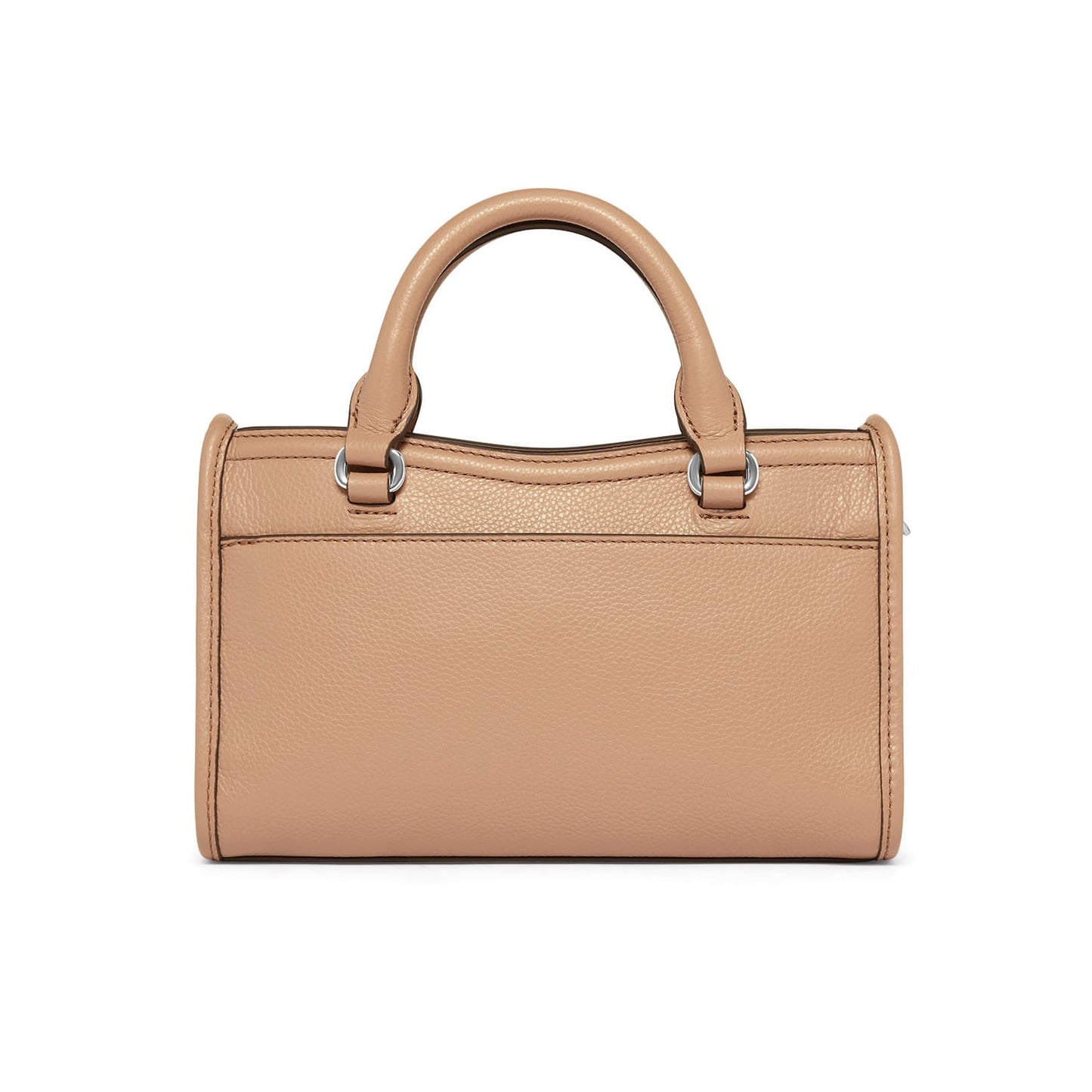 Brighton handbag shown from the back in tan pebbled leather with dual rounded top handles on a white background