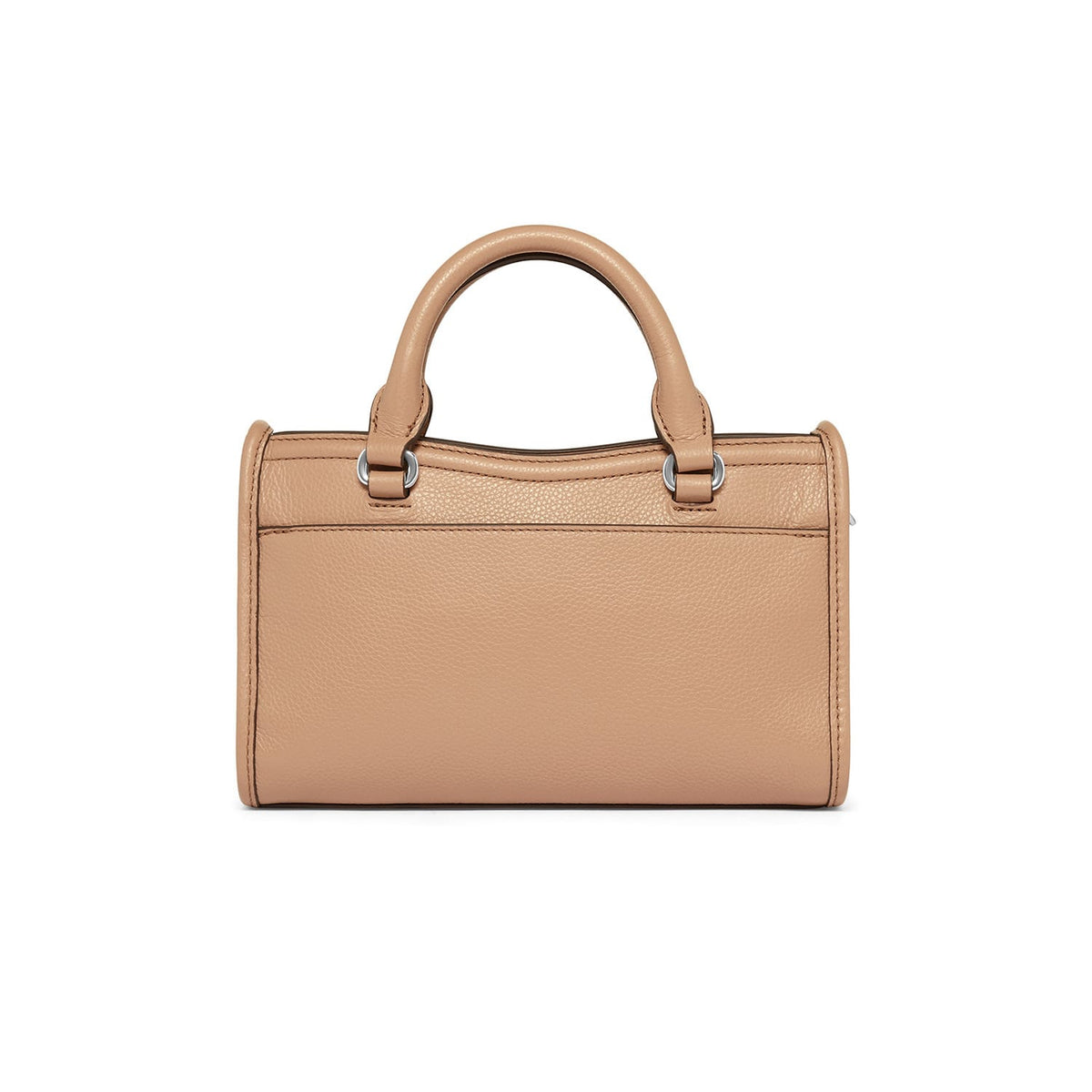 Brighton tan leather handbag shown from the back with dual top handles and silver-tone hardware on a white background