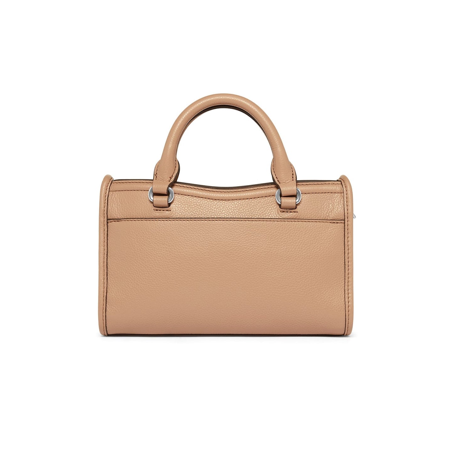 Brighton tan leather handbag shown from the back with dual top handles and silver-tone hardware on a white background